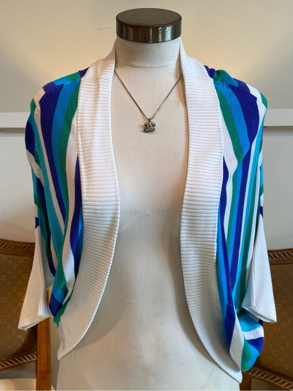 Vintage Cache Y2K White Open-Front Rayon Cardigan SM Blue, Green & Teal Stripes